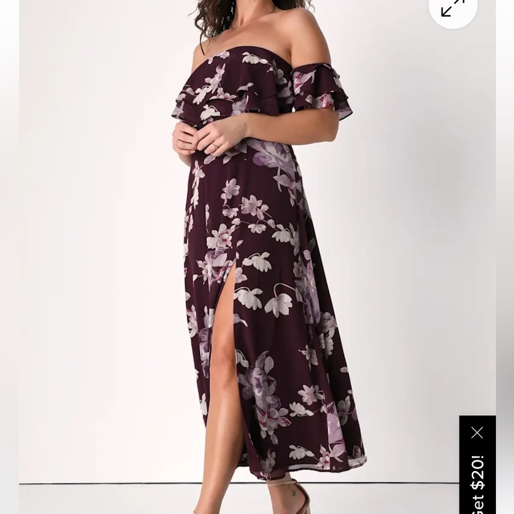 Lulus Brought Your Love Plum Floral Print Off-the-Shoulder Midi Dress